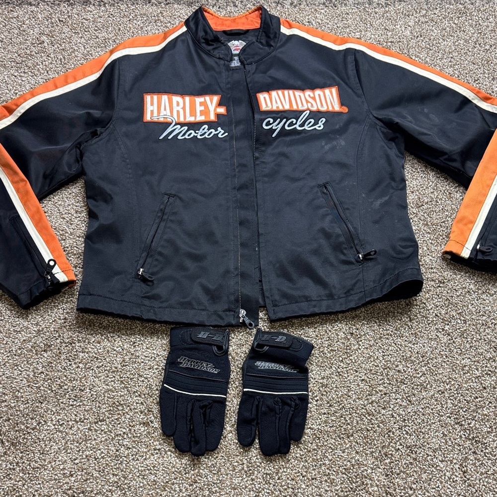 Harley-Davidson Black and Orange Riding Jacket with Gloves. Women’s size L.